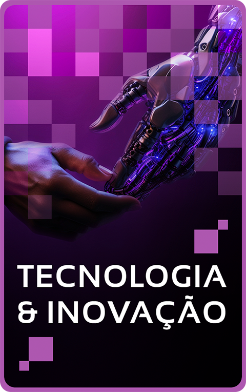 Imagem de uma mão humana tocando a ponta dos dedos de uma mão robó tica. A imagem está com uma tonalidade roxa e está escrito " Tecnologia & Inovação ".